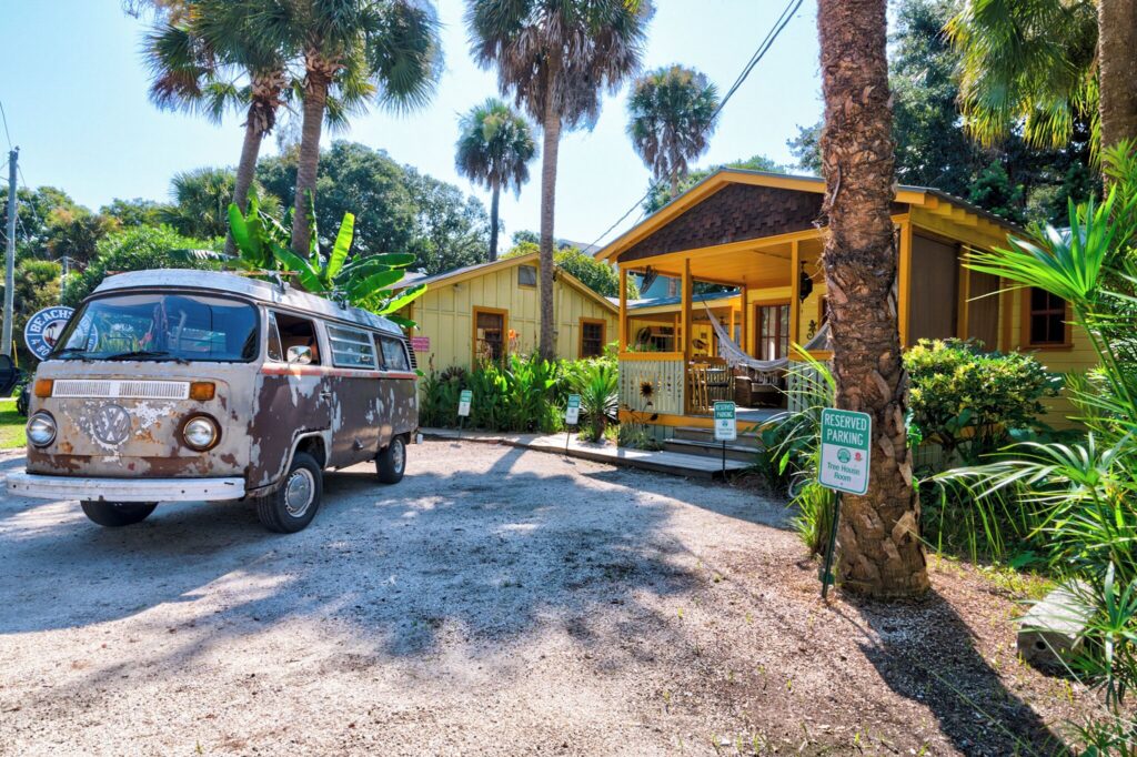 Vintage van parked in the garden at Beachside Boutique Inn