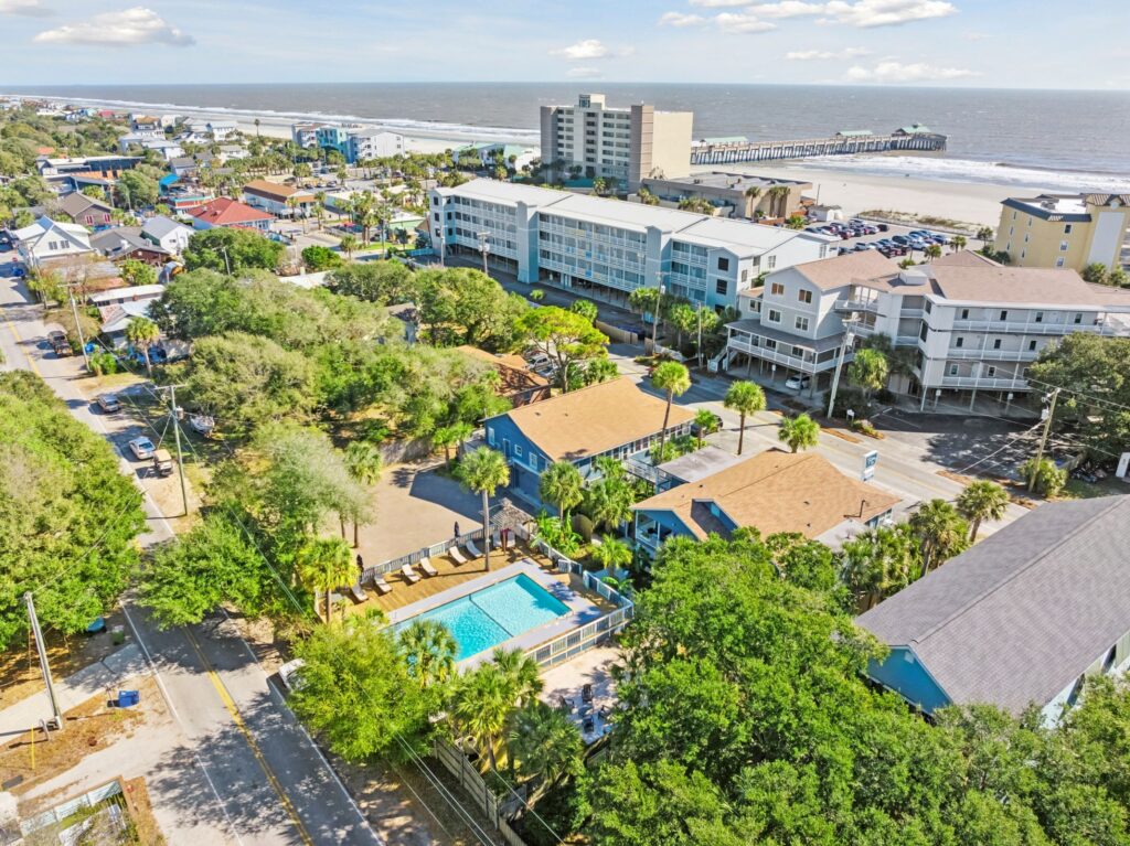 Aerial view of The Folliday Inn near the beach