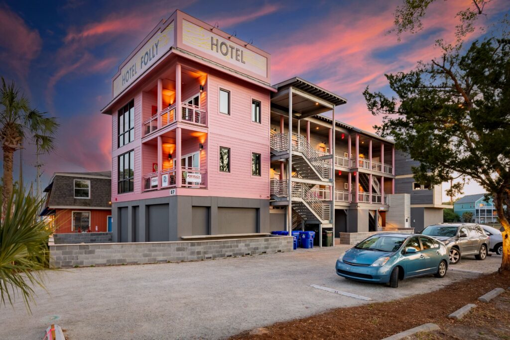 Hotel Folly exterior with balconies at dusk