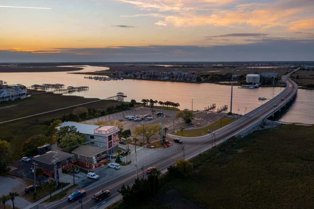 Folly River and marsh at sunset near Hotel Folly