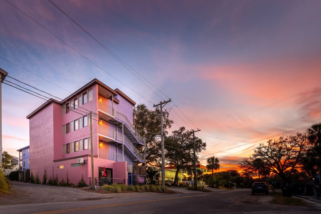 Vera Hotel exterior at sunset, Folly Beach
