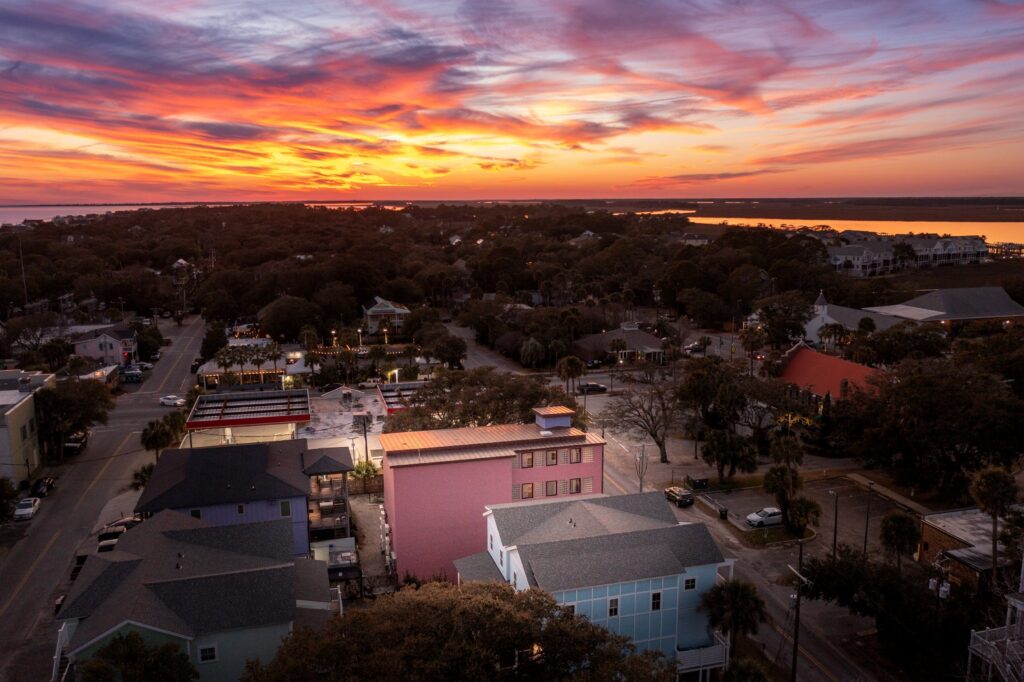 Sunset over Folly Beach from above Vera Hotel