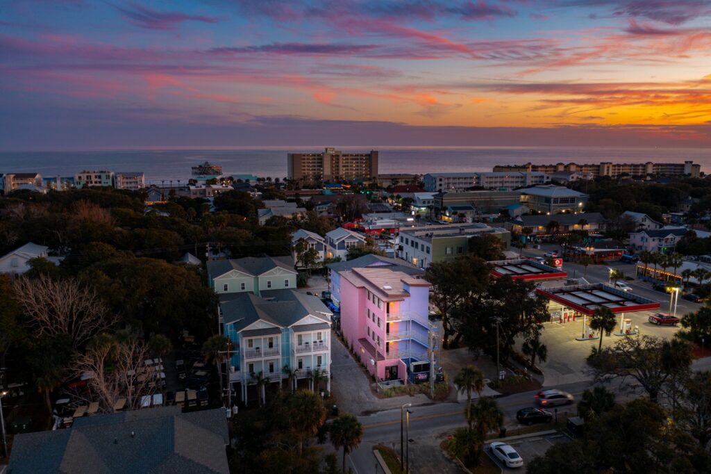 Aerial view of Vera Hotel with the ocean beyond